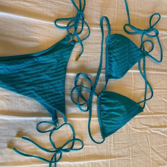 Monday Swimwear Other - Monday Swimwear Teal Ribbed Triangle String Bikini Set